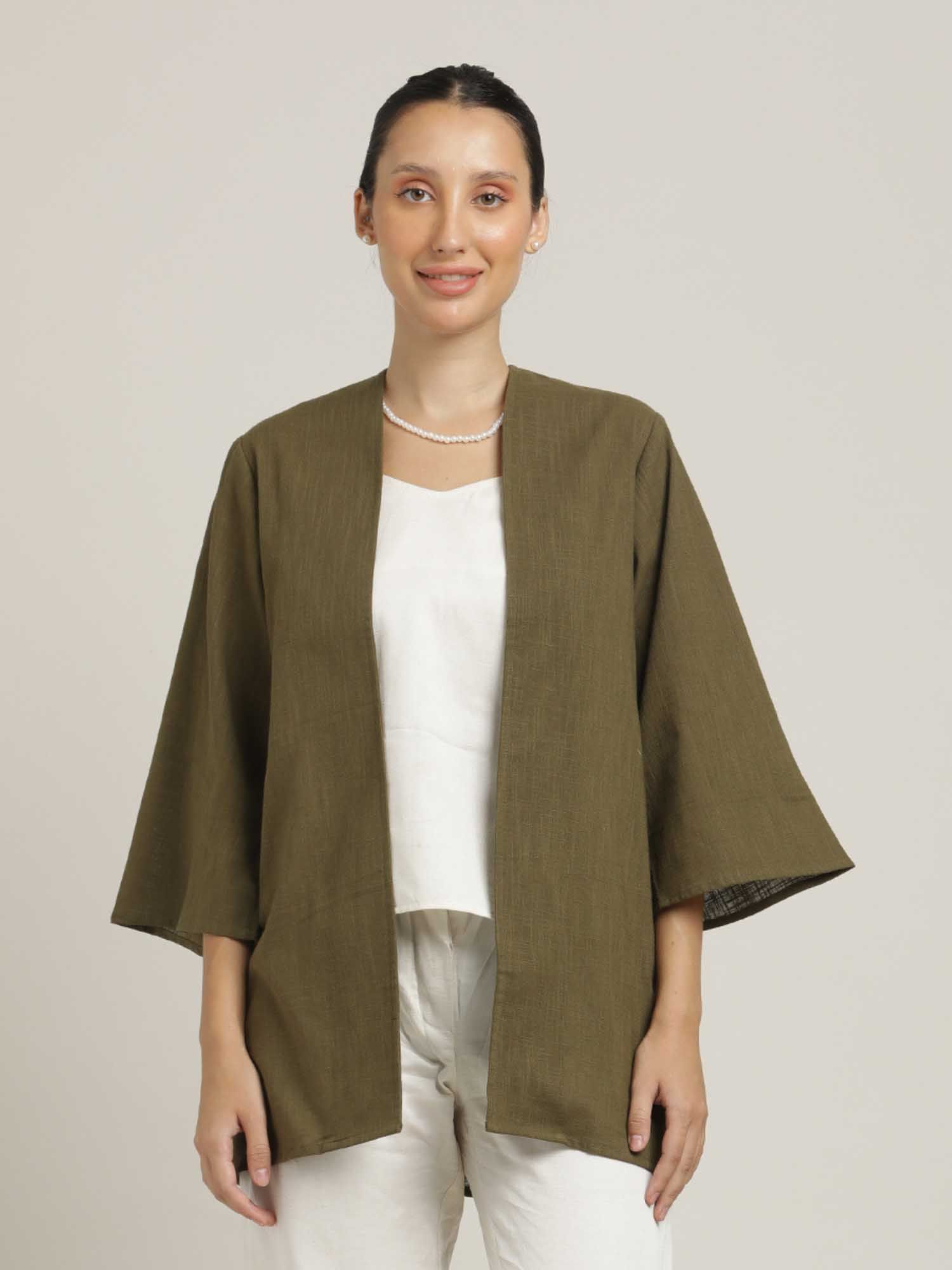saltpetre Women Organic Cotton Olive Comfortable Open Front Overlay-picture-17