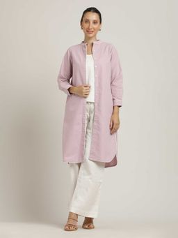 Saltpetre - Women Organic Cotton Pink With Cream Piping Mandarin Neck Long Shirt Overlay