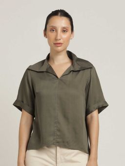 Saltpetre - Women Olive Tencel Collar Neck Extended Collar Top