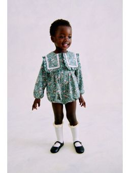 H&M - Girls Green Floral-Print Poplin Romper Suit