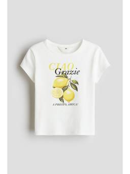 H&M - Girls White Print-Motif Cotton T-Shirt