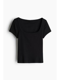 H&M - Women Black Picot-Trimmed Ribbed T-Shirt
