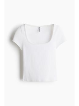 H&M - Women White Picot-Trimmed Ribbed T-Shirt
