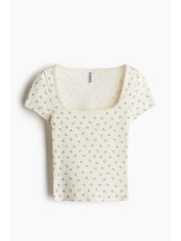 H&M - Women White Picot-Trimmed Ribbed T-Shirt