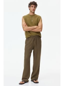 H&M - Men Green Relaxed Fit Linen-Blend Trousers