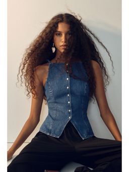 H&M - Women Blue Denim waistcoat style Top