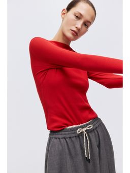 H&M - Women Red Ribbed Boat-Neck Top