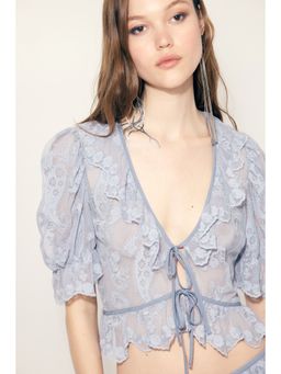 H&M - Women Blue Embroidered Flounced Top