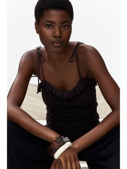 H&M - Women Brown Pointelle-Knit Tie-Strap Top