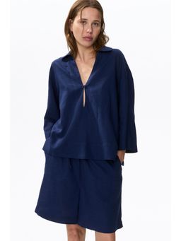 H&M - Women Blue Linen-Blend Popover Shirt