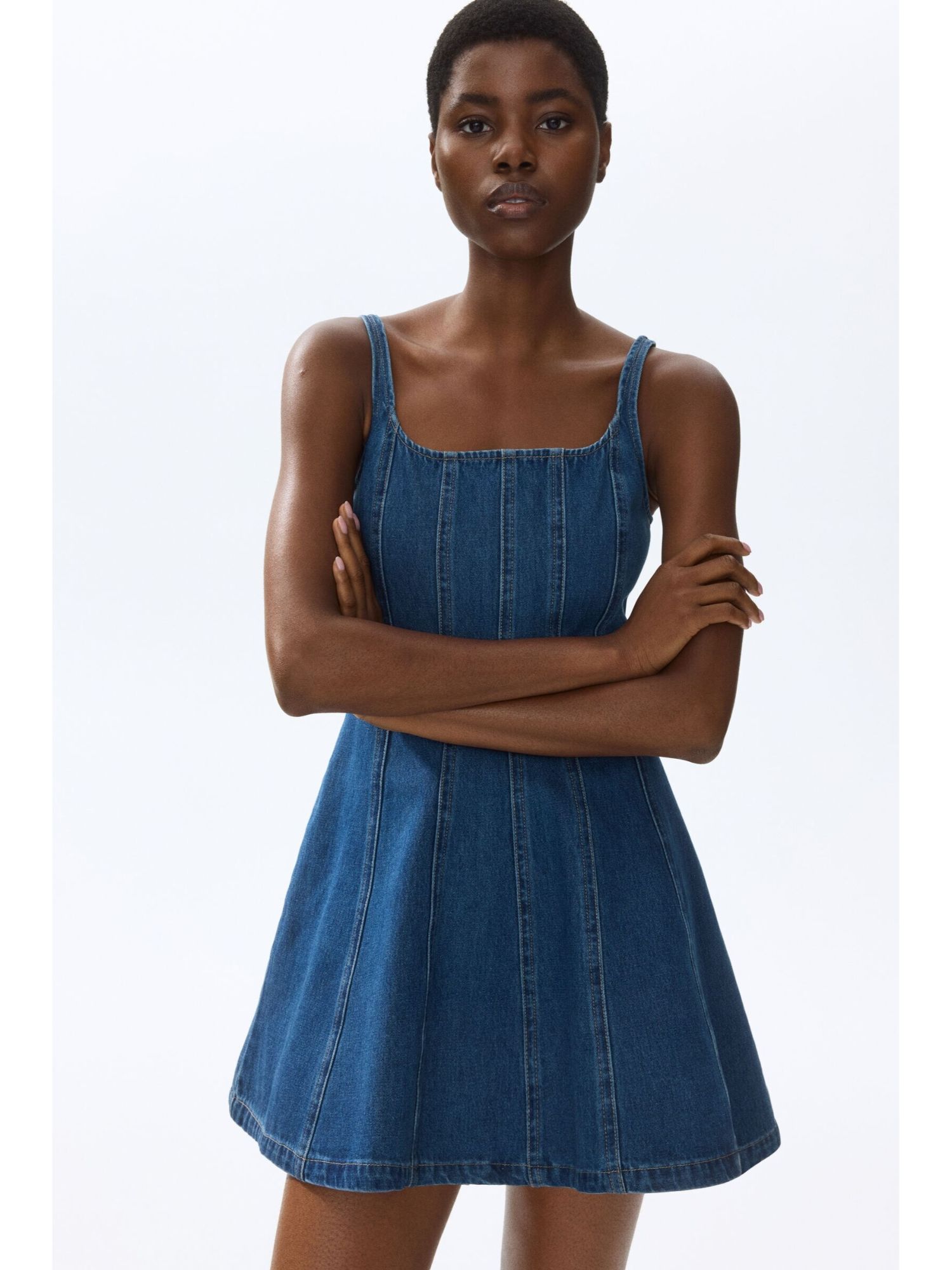 h&m Women Blue Flared-Skirt Denim Dress-picture-15