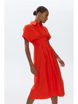 H&M - Women Red Waisted Cotton Shirt Dress