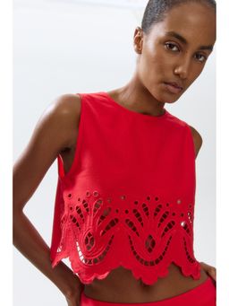 H&M - Women Red Linen-Blend Broderie Anglaise Crop Top