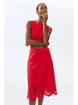 H&M - Women Red Broderie Anglaise Linen-Blend Skirt