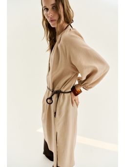 H&M - Women Beige Oversized Tie-Belt Dress