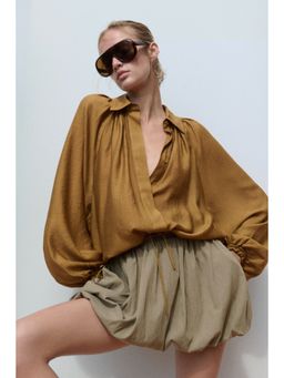 H&M - Women Beige Oversized Drawstring-Detail Shirt