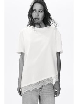 H&M - Women White Asymmetric Lace-Trimmed T-Shirt