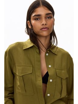 H&M - Women Green Linen-Blend Cargo Shirt