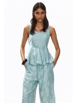 H&M - Women Turquoise Godet-Pleated Jacquard-Weave Top
