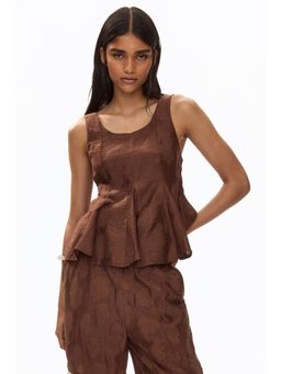 H&M - Women Brown Godet-Pleated Jacquard-Weave Top