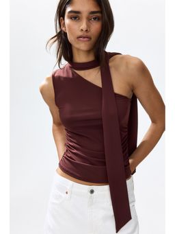 H&M - Women Brown Scarf-Collar One-Shoulder Top