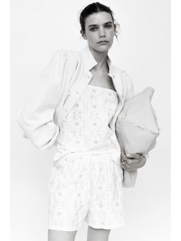 H&M - Women White Jacquard-Weave Drawstring Shorts
