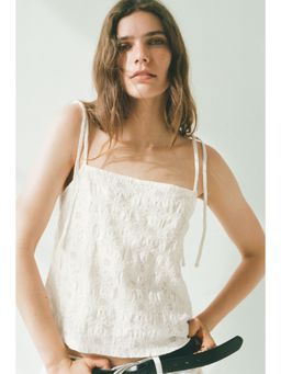 H&M - Women White Jacquard-Weave Tie-Strap Top