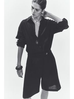 H&M - Women Black Linen-Blend Bermuda Shorts