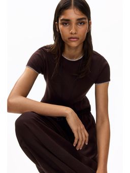 H&M - Women Brown Stitching-Detail Ribbed T-Shirt
