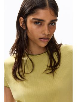 H&M - Women Yellow Stitching-Detail Ribbed T-Shirt