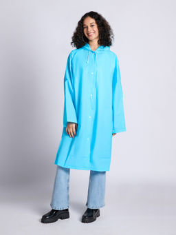 Twenty Dresses by Nykaa Fashion - Blue Solid Knee Length Raincoat with Hood