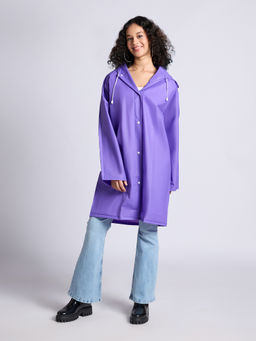 Twenty Dresses by Nykaa Fashion - Purple Solid Full Sleeves Knee Length Raincoat with Hood