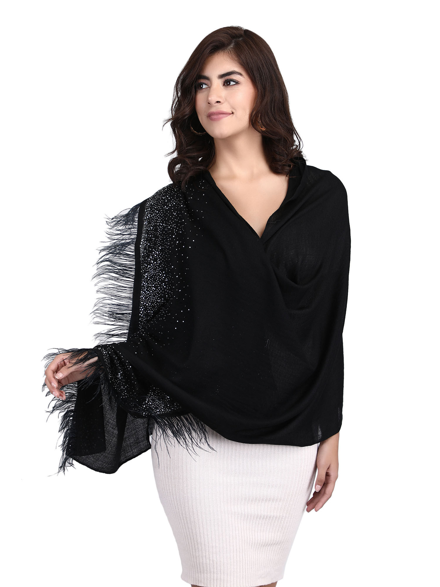 Women Crystal & Feather Fine Wool Stole - Black-picture-41