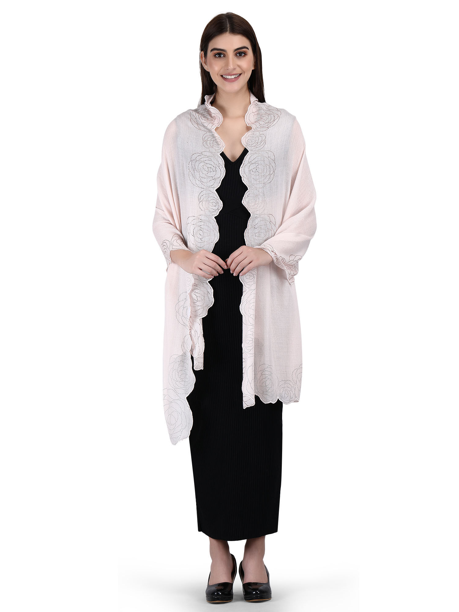 Pink Crystal Rose Border Pure Fine Wool Stole - 133-picture-20