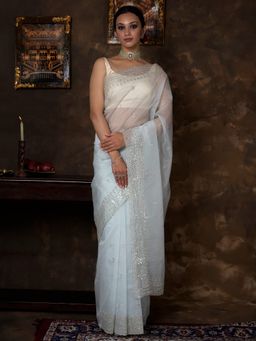 Teejh - Aleykha Powder Blue Sequin Embroidery Organza Saree with Unstitched Blouse