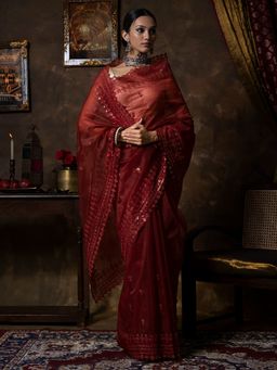 Teejh - Iylia Dark Red Sequin Embroidery Organza Saree with Unstitched Blouse
