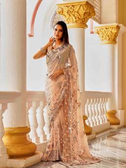 Tikhi Imli - Peach Color Designer Sequence Embroidered Poly Georgette Saree with Unstitched Blouse