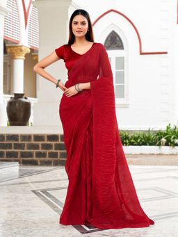 Tikhi Imli - Maroon Color Pleated Satin Saree with Unstitched Blouse