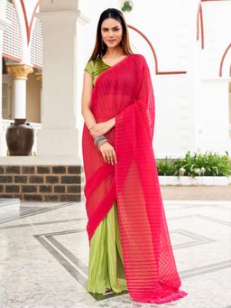 Tikhi Imli - Pink & Green Half Pleated, Half Color block Georgette Saree with Unstitched Blouse