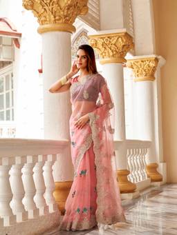 Tikhi Imli - Pink Zari Embroidered Organza Saree with Bead & Stone Work Unstitched Blouse
