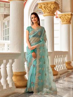 Tikhi Imli - Sea Blue Embroidery Organza Saree with Bead & Stone Work Unstitched Blouse