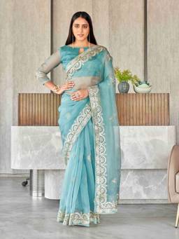 Tikhi Imli - Blue Colored Organza Saree with Gota Embroidery Unstitched Blouse