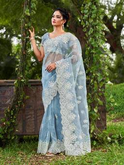 Tikhi Imli - Blue Color Embroidered Organza Saree with Unstitched Blouse