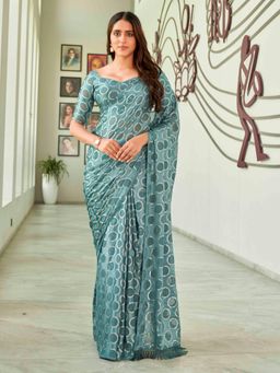 Tikhi Imli - Metallic Blue Jacquard Saree with Unstitched Blouse