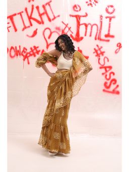 Tikhi Imli - Mustard Coloured Ruffled Poly Georgette Ready To Wear Saree with Unstitched Blouse