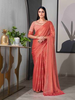 Tikhi Imli - Ready To Wear Peach Striped Saree with Unstitched Blouse