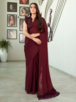 Tikhi Imli - Burgundy Colored Satin Saree with Sequin Embroidered Unstitched Blouse