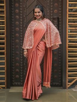 Tikhi Imli - Rust Colored Satin Saree and Sequenced Cape with Unstitched Blouse