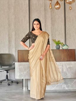 Tikhi Imli - Beige Colored Satin Saree with Velvet Embroidered Unstitched Blouse