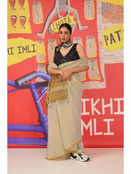 Tikhi Imli - Beige and Grey Coloured Jute Silk Woven Saree with Unstitched Blouse